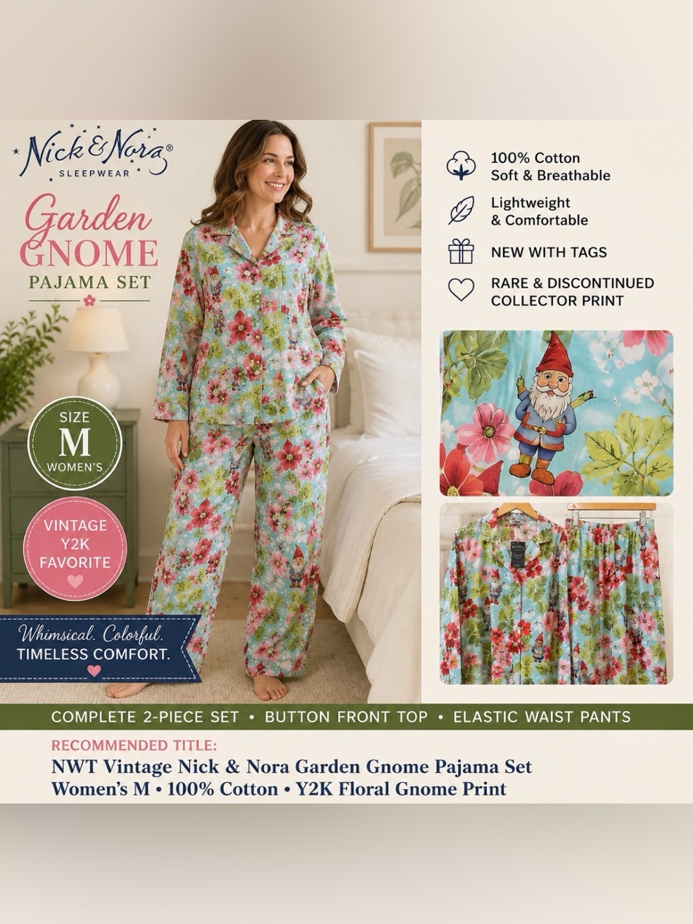 Nick and Nora gnome print two piece pajamas women’s size medium new with tag